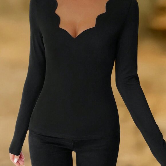 Black Casual Women's Shell Trim V-Neck Long Sleeve Slim Fit Undershirt - Picture 5 of 6